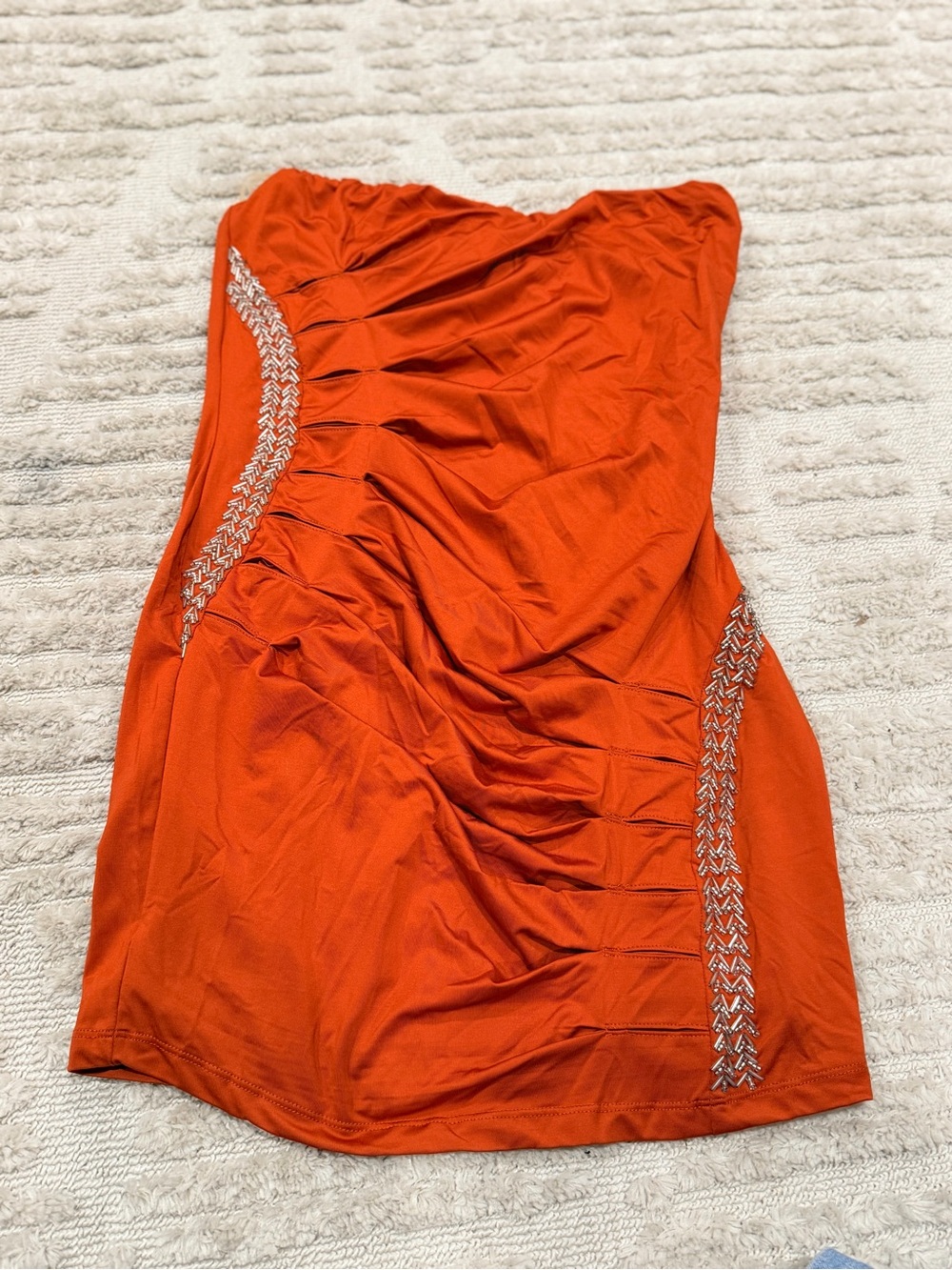 Nikibiki Strapless Ruched Orange Party Dress with Metallic Trim